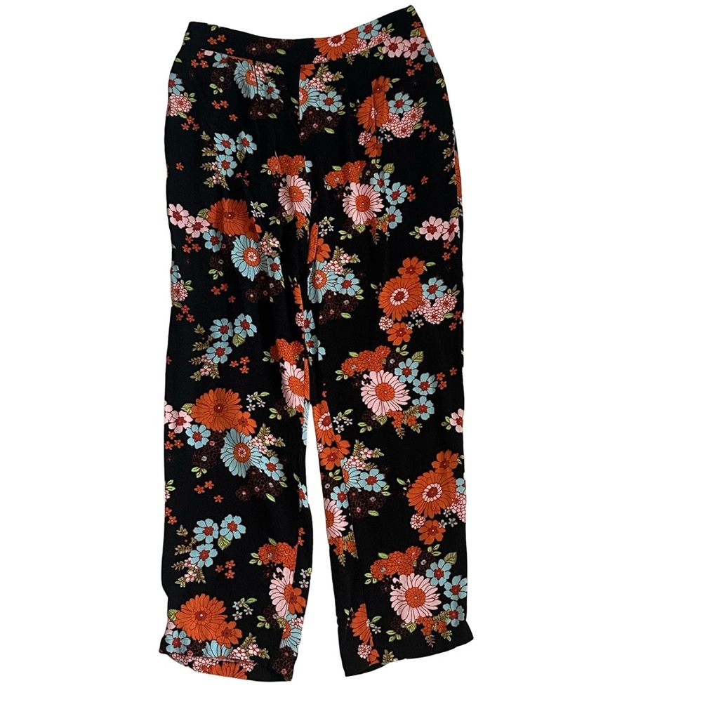 ModCloth Comfy Black Wide Leg Pants with Multicolor Vibrant Floral Print